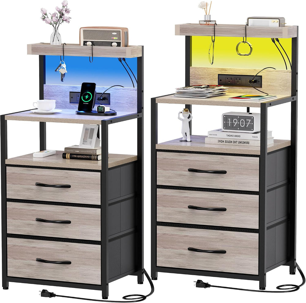 SZLHANJZ Nightstand Set of 2, with Charging Station, 3 Fabric Drawers