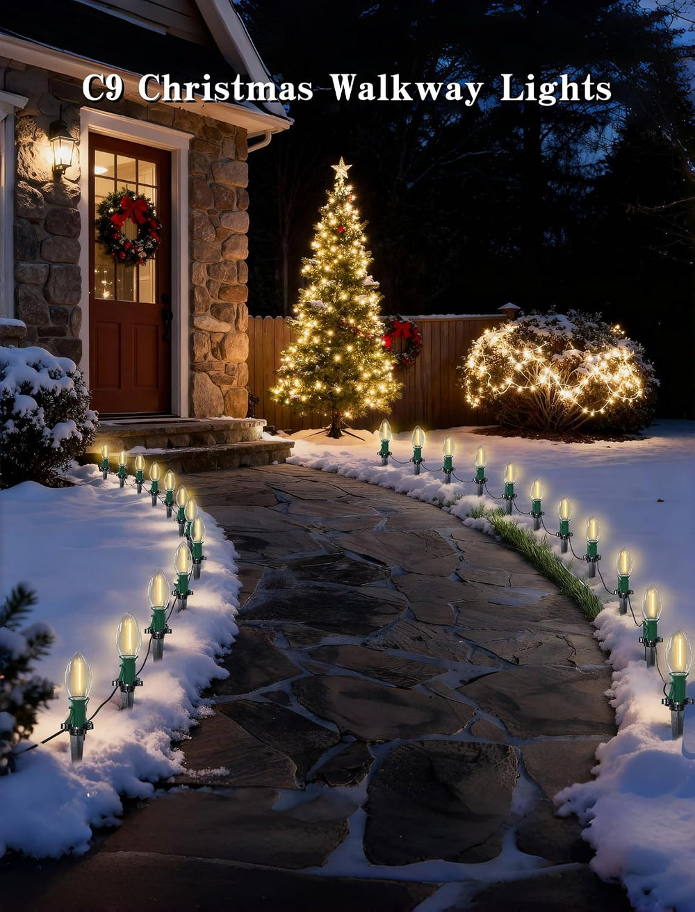 38FT C9 LED Christmas Pathway Lights with 25 C9 Bulbs and Stakes