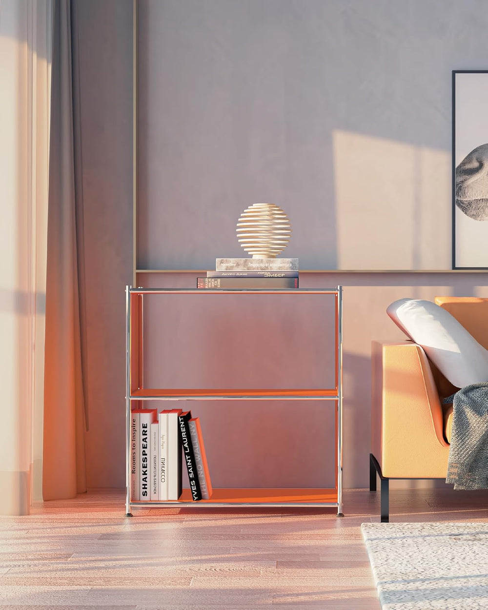 Metal Bookcase with Chrome Frame, Mid-Century Modern, H32.5