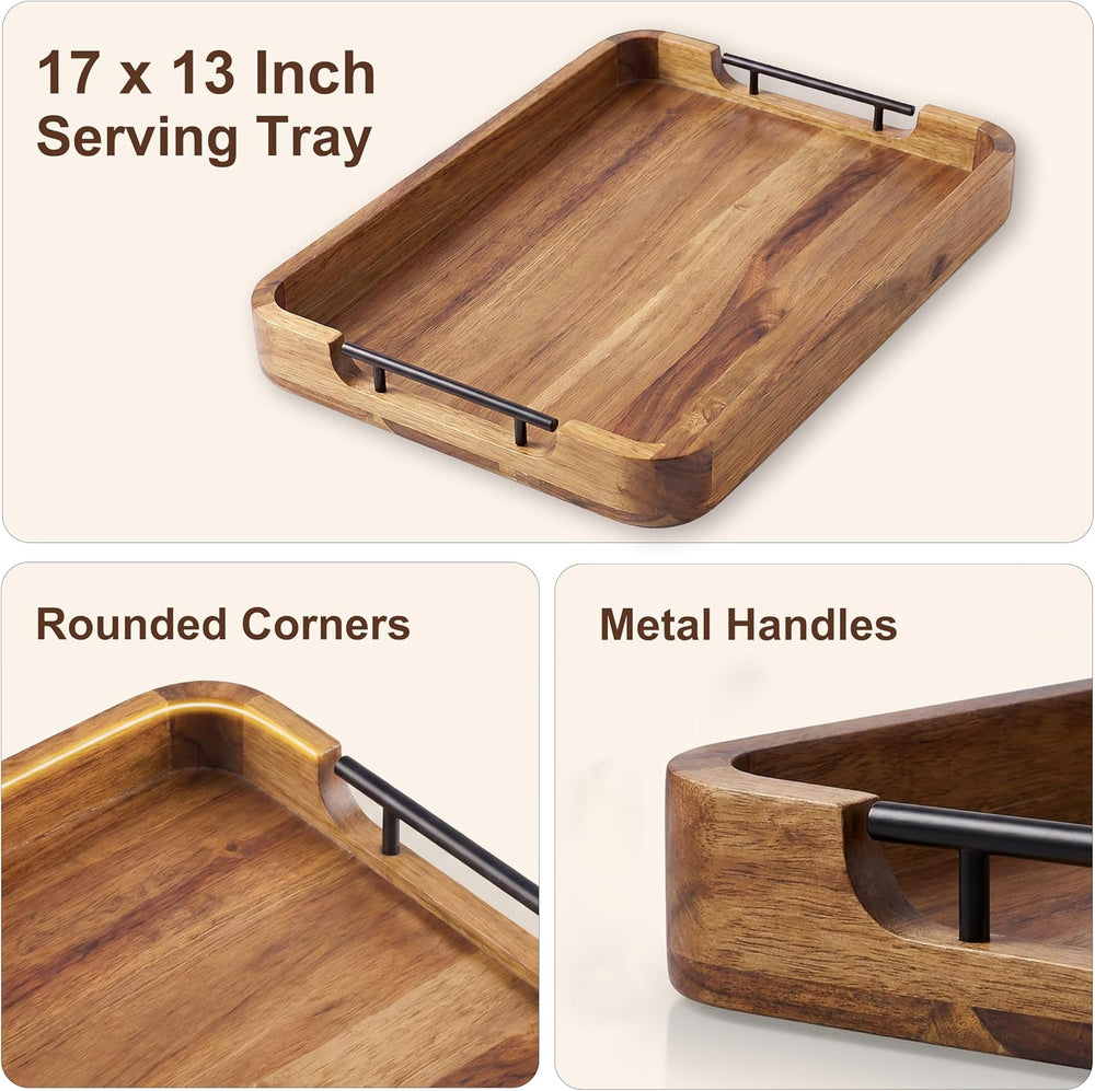 ZUJJAFY Serving Tray with Metal Handles, 17 x 13 in Acacia Wood Tray for Serv...