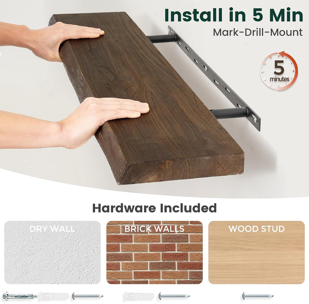 24in Live Edge Solid Elm Floating Shelves, Walnut, Set of 2
