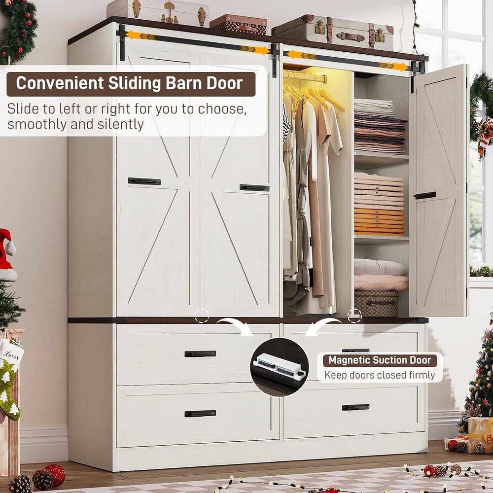 Farmhouse 4 Doors Armoire Wardrobe Closet w/Folding Sliding Barn Door and Lig...