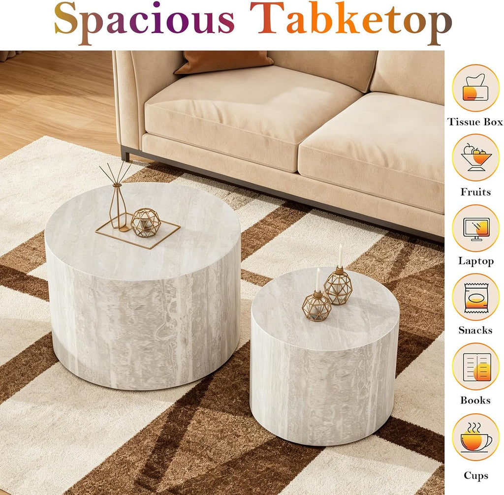 Round Travertine Coffee Table Set of 2 (C 18.1+14.6in) | Modern Stripe Circle Nesting Side Tables | No Assembly | for Living Room Balcony Yard
