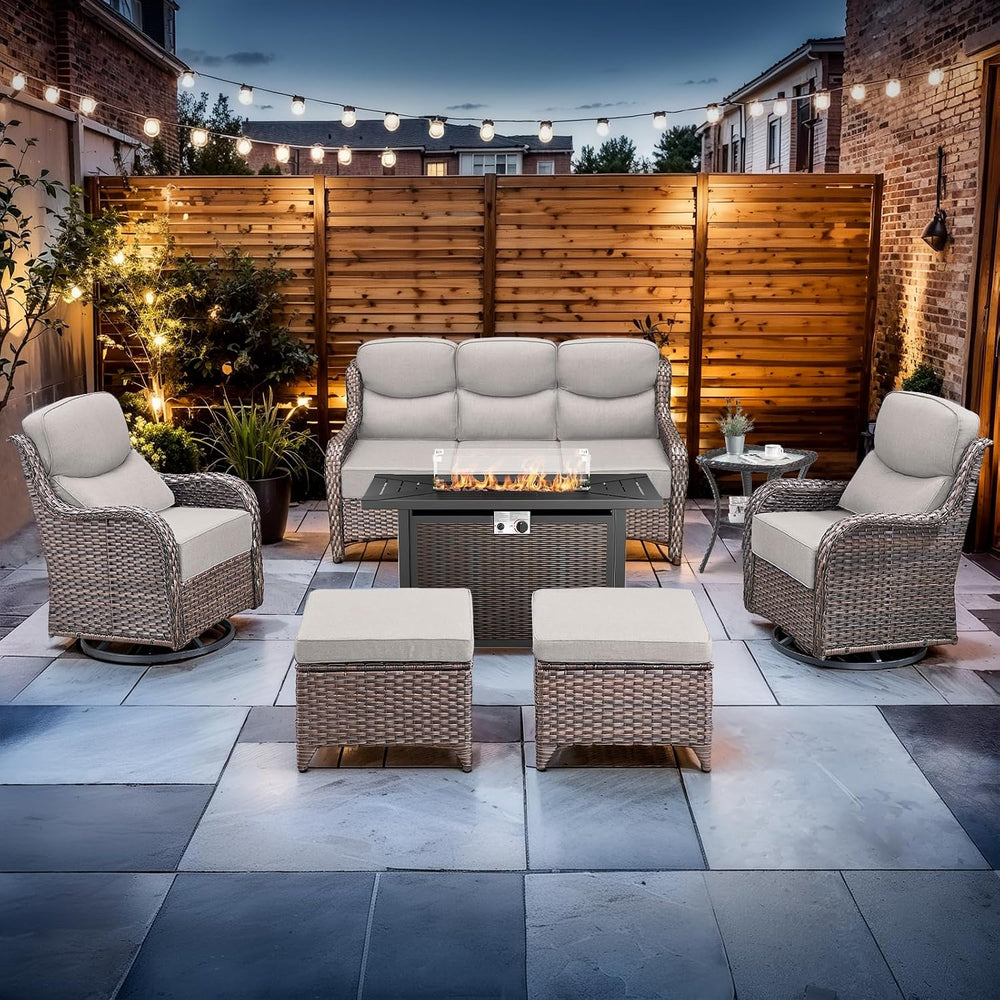 7 PCS Patio Furniture Set with Fire Pit Table & Swivel Chairs, Brown/Beige