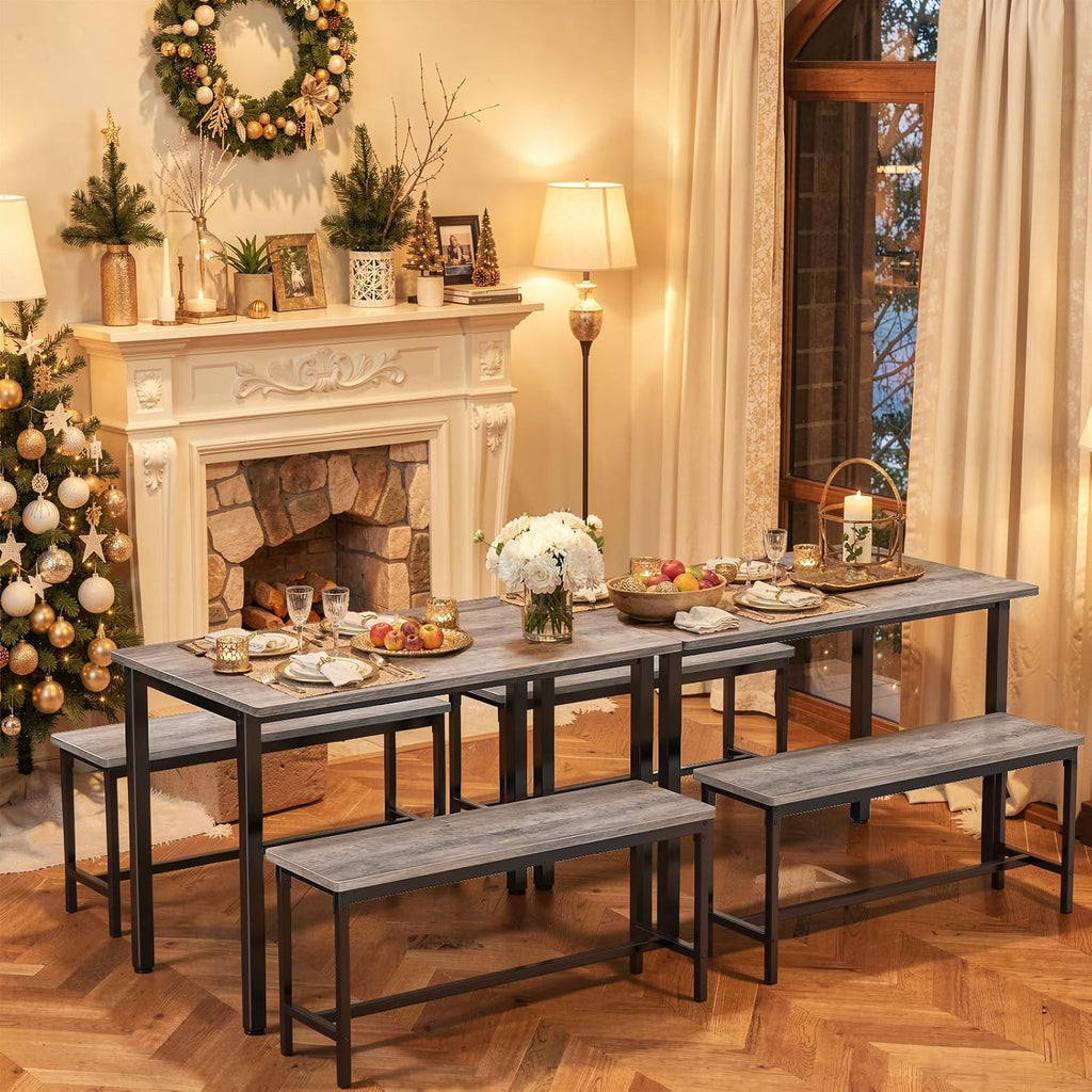 Dining Table Set for 4, Kitchen Table with 2 Benchs, Grey | Modern Functional 3 Piece Space-Saving Dining Room Table Set for Apartment, Breakfast Nook, Small Space