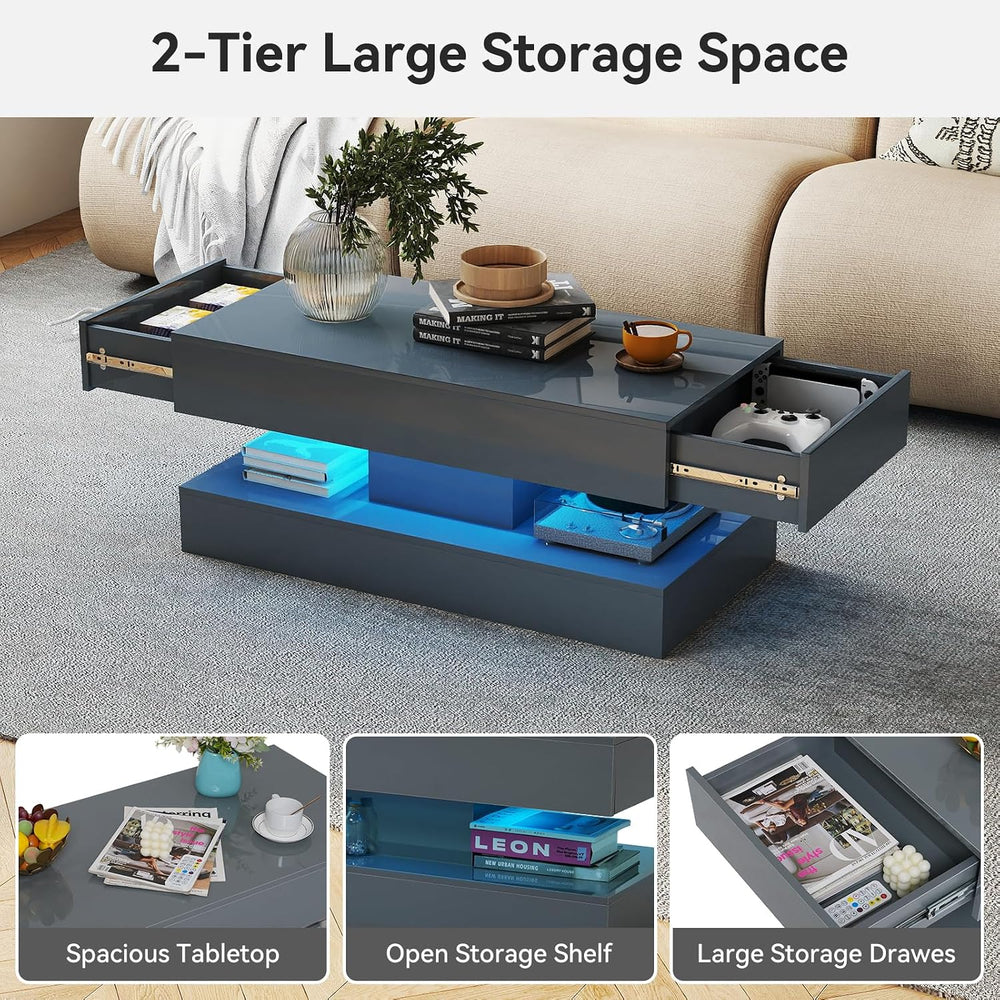 Verano Garden Modern High Gloss LED Coffee Table, 2-Tier Center Table