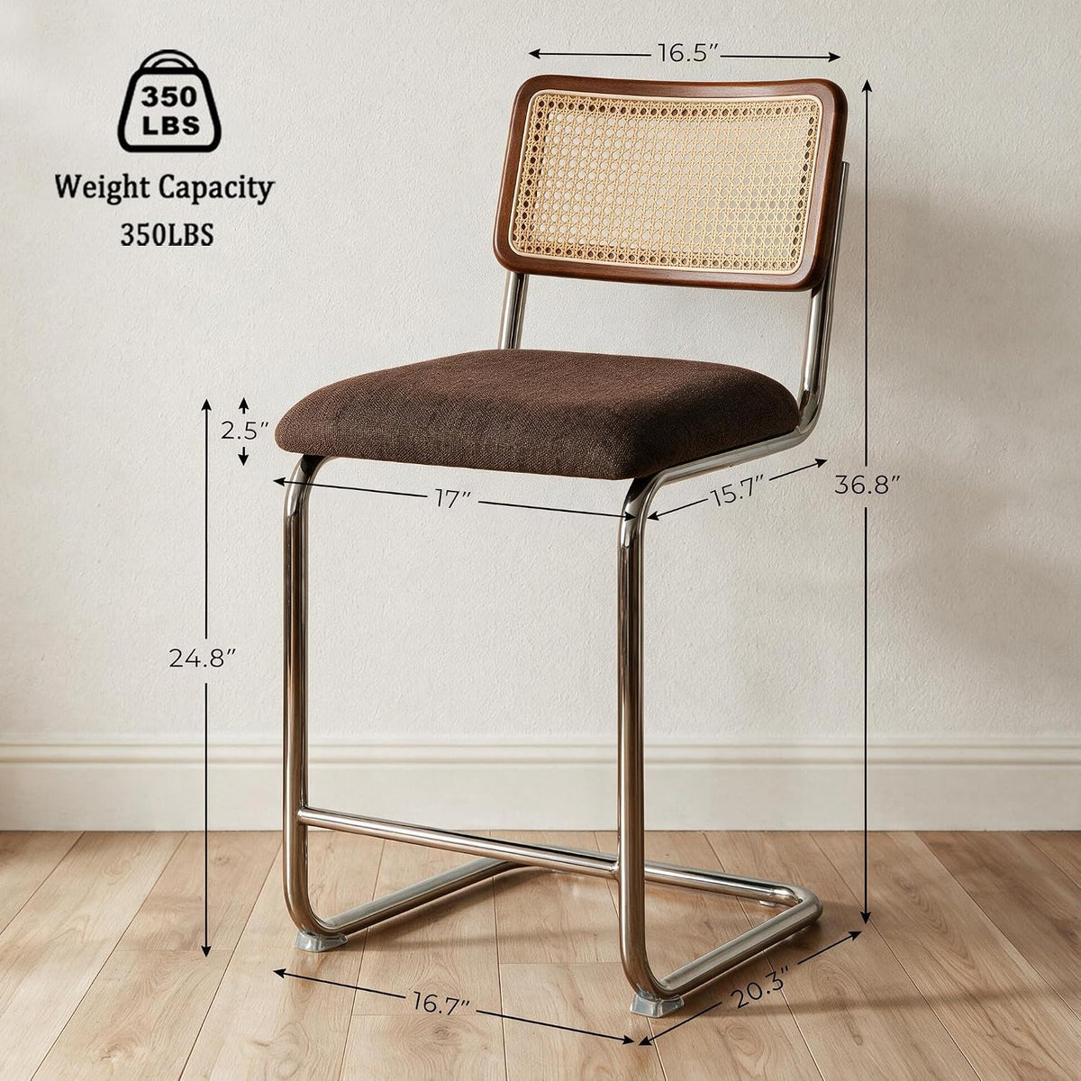 GrandNoor Natural Rattan Counter Height Stools Set of 3 with Solid Wood Back, 24 Inch Mid Century Modern Cesca Bar Stools, Brown Upholstery Boho Stool for Kitchen Counter with Chrome Metal Legs