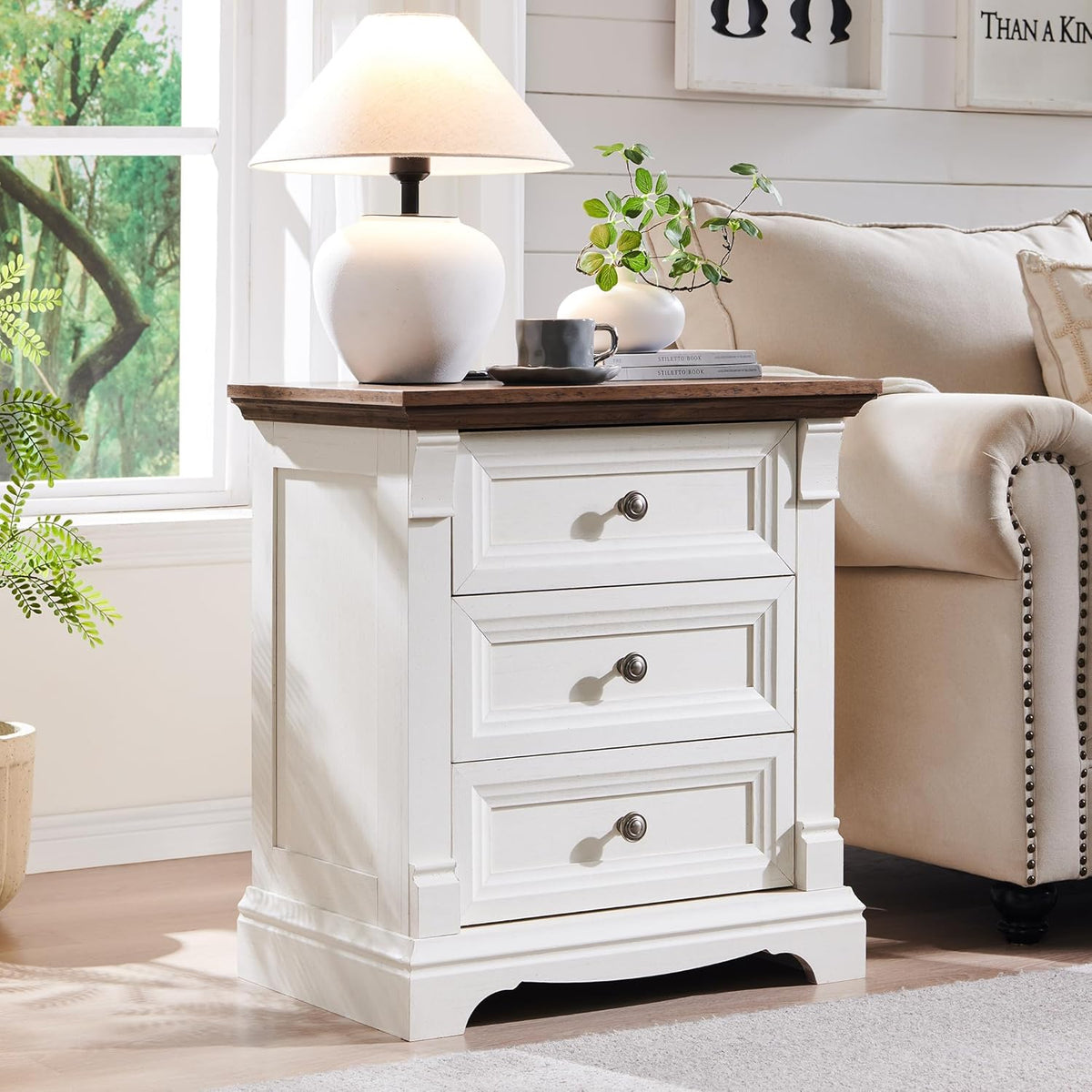 Farmhouse 26" Tall Nightstand with Charging Station 23.6"W Wood Side Table