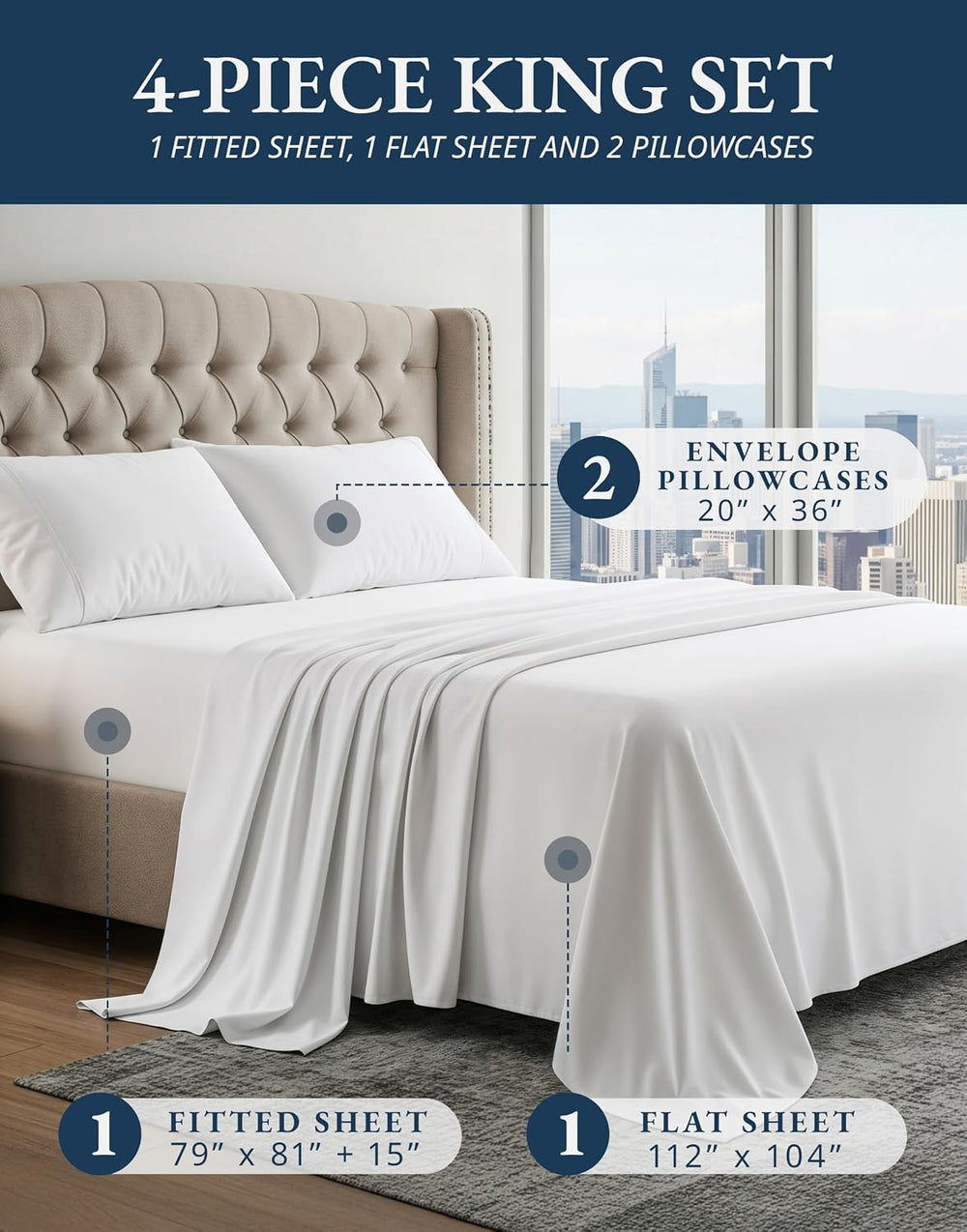 100% Egyptian Cotton King Size Sheets Set Hotel Style Sateen Weave - White