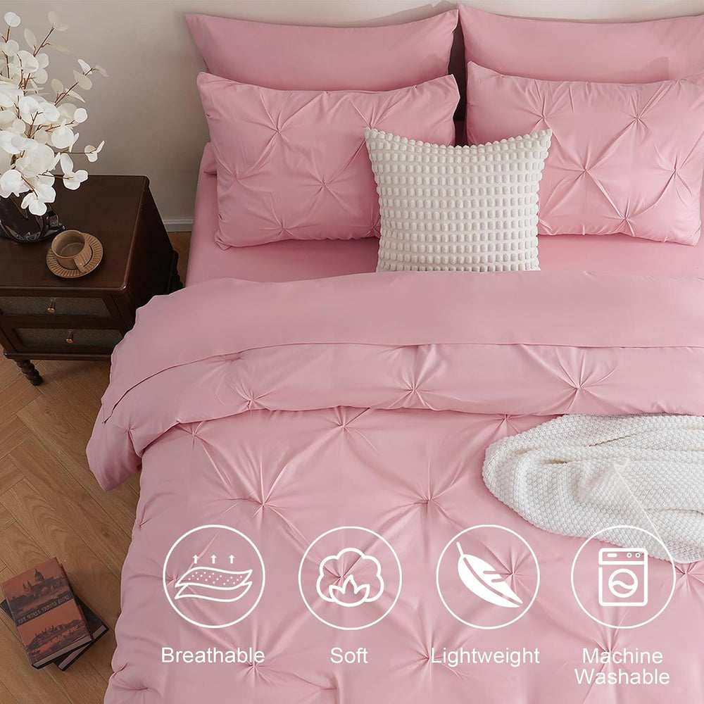 DOWNCOOL King Size Comforter Set, 7 Pieces Pink Pintuck Bed in a Bag
