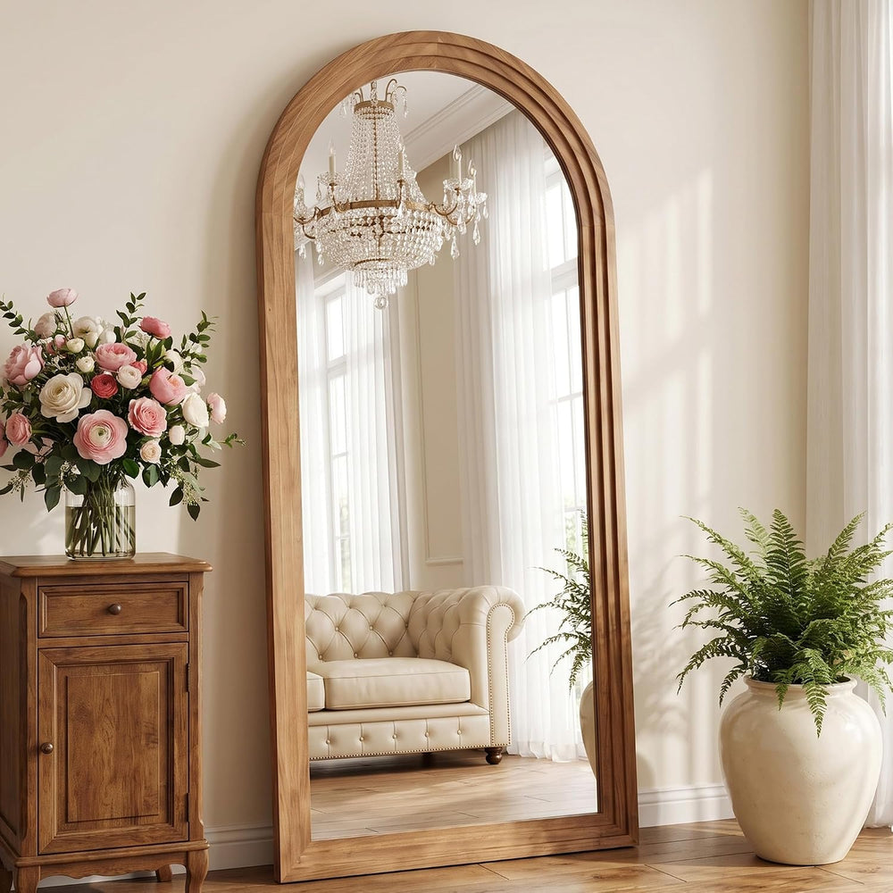 71"x32" Arched Full Length Mirror, Large Wood Floor Mirror, Brown