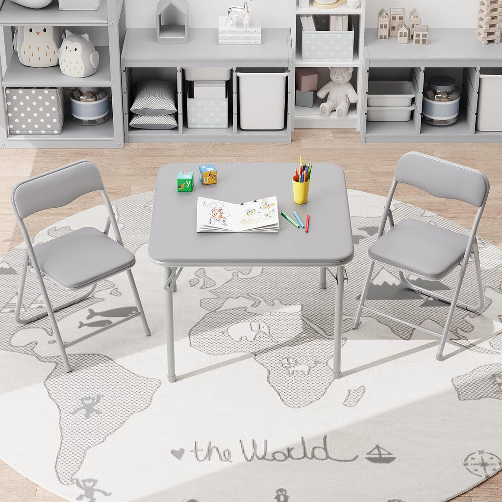 IDEALHOUSE Boys and Girls Folding Table and Chairs Set of 3, Portable Table and Chair with Pu Soft Cushion,Suitable for Eating,Reading and Playing (Grey)