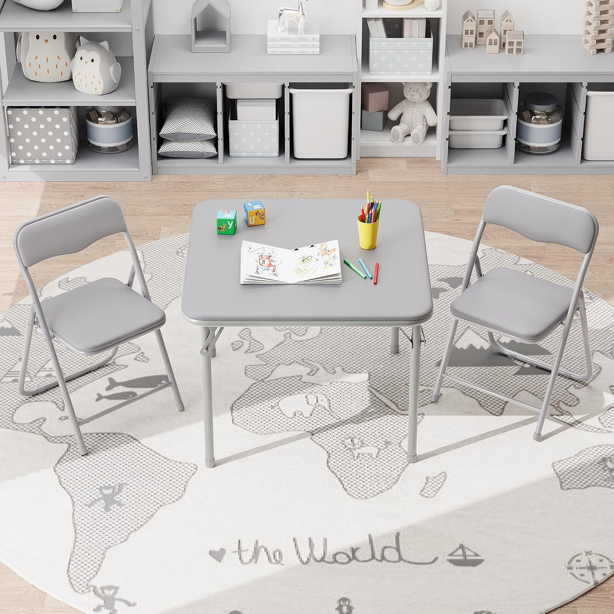 IDEALHOUSE Boys and Girls Folding Table and Chairs Set of 3, Portable Table and Chair with Pu Soft Cushion,Suitable for Eating,Reading and Playing (Grey)