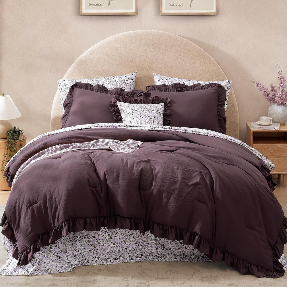 BLOOMHAVEN Full Size Comforter Sets-7 Pieces Ruffle Bedding Floral Sheet