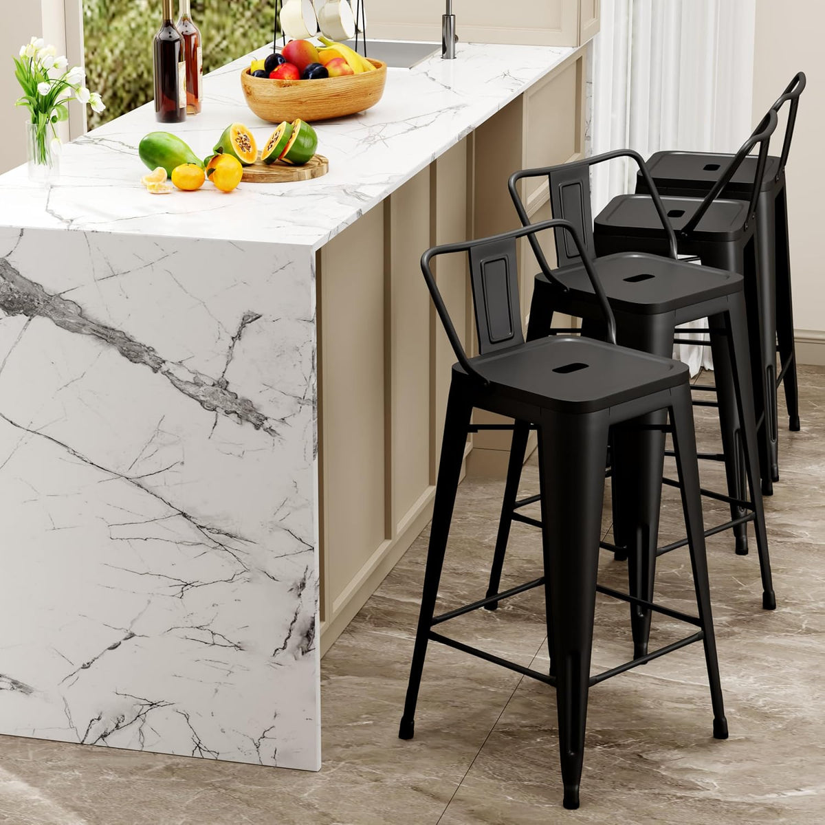 Changjie Furniture Industrial Metal Bar Stools with Backs Set of 4, Counter Height Barstools for Home Kitchen, Durable and Stylish Bar Stools Set (24 inch, Matte Black)
