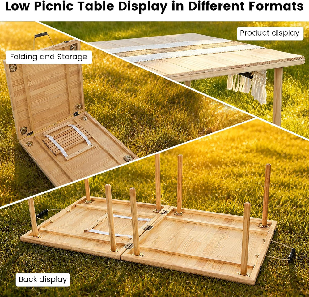 60" x 30" Boho Low Picnic Table, Foldable Solid Wood Construction