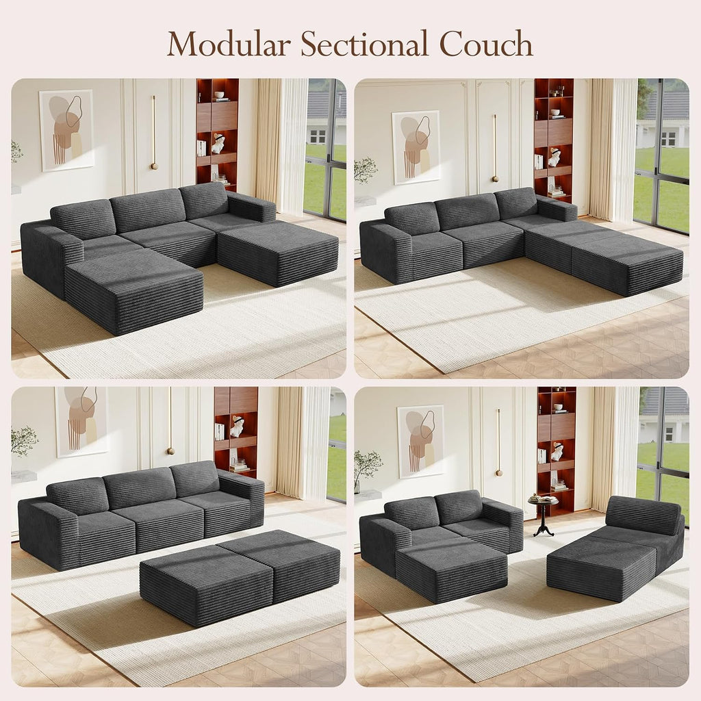 Vesgantti 119" Oversized U-Shaped Modular Sectional Sofa, Corduroy Cloud Couch with Deep Seating & Spring Support, Convertible Sofa with 2 Ottomans, Boneless Couch, No Assembly Required, Grey