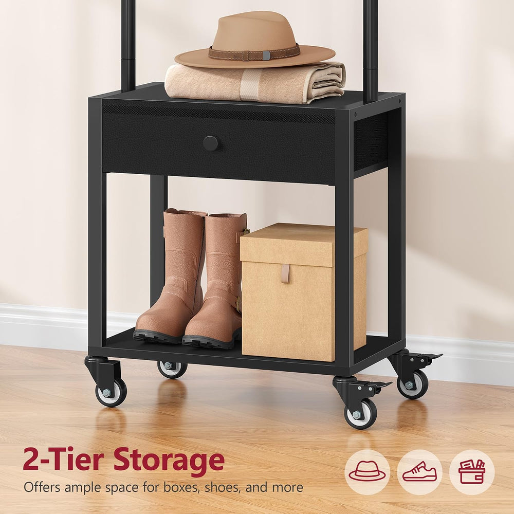 Tajsoon Coat Rack Stand with Lockable Wheel, Wooden Coat Stand with Drawer