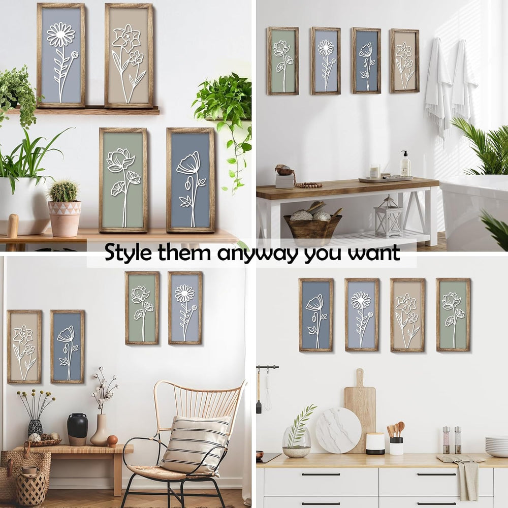 3D Wooden Floral Wall Art, 4 Pcs 7 x 16 Inch Flower Wood Carving Framed Bathr...