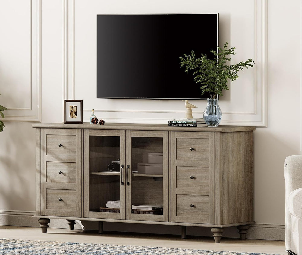 WAMPAT Farmhouse Sideboard Buffet Cabinet with Glass Door & Adjustable Sh...