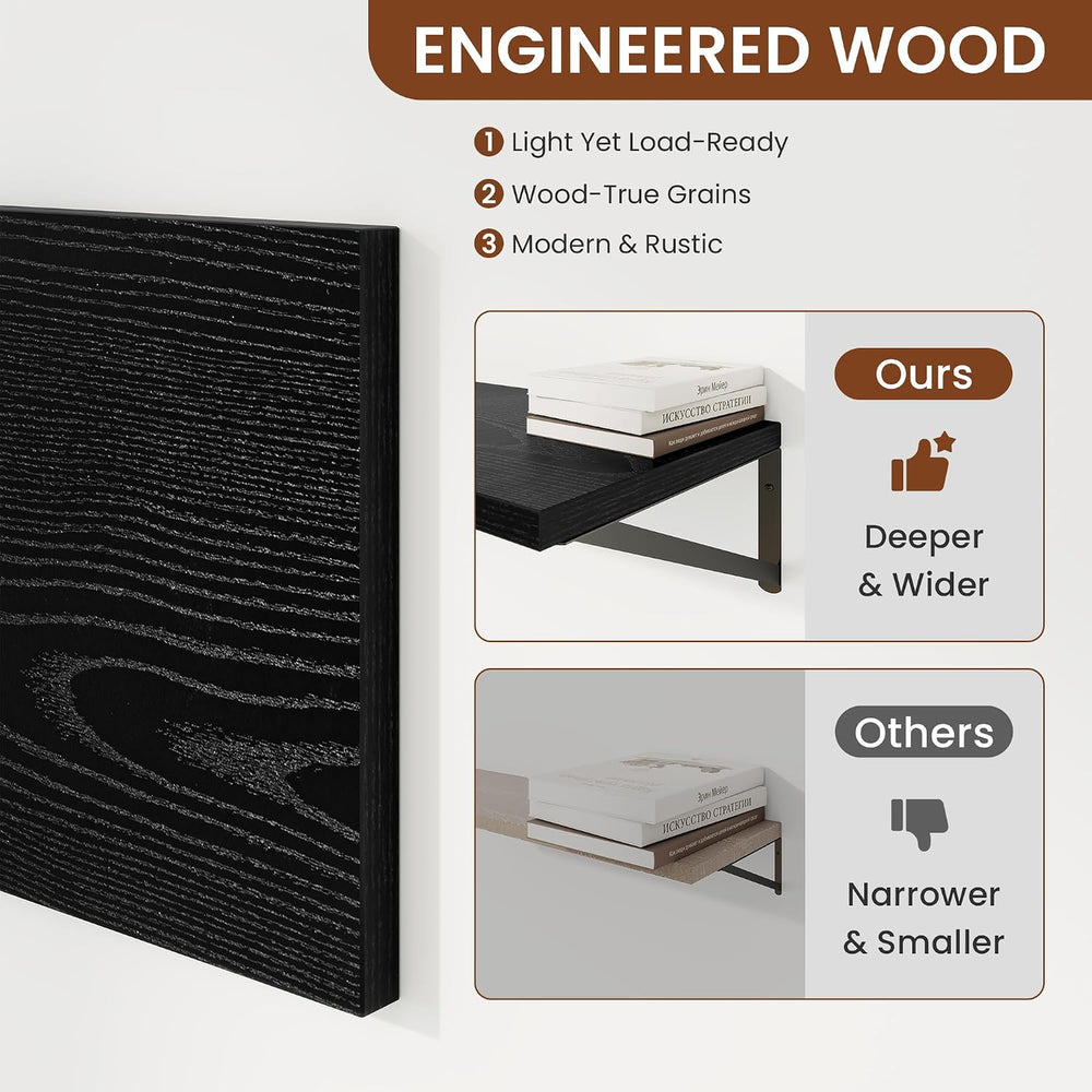 12" Deep Wall Shelves with Metal Brackets, 24" Wide, Black Finish, ...