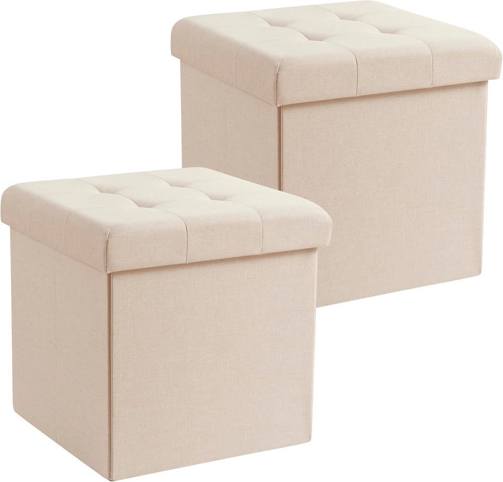 Ornavo Home 2 Pack 15 Inch Folding Storage Ottoman Cube, Linen, Beige