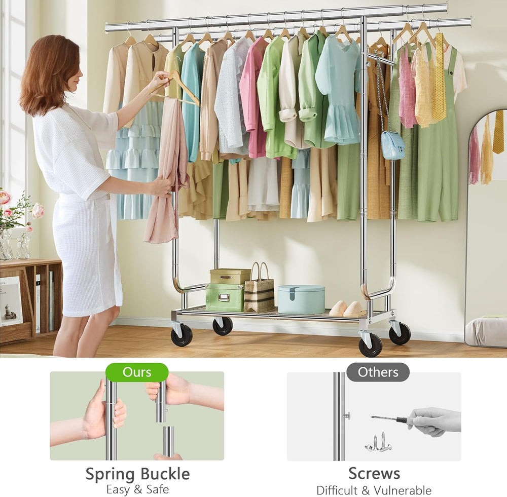 Heavy Duty Rolling Clothes Rack, 620 LBS Load Double Rod Adjustable Garment R...