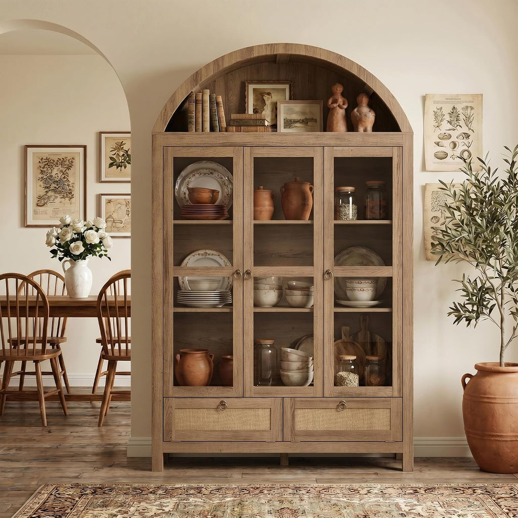 TYBOATLE 75'' Arched Cabinet Classic Farmhouse Design w/Three Glass Doors, Arch Cabinet w/Rattan Drawers and Anti-Tipping Device, Versatile Cupboard for Kitchen, Bathroom, Natural