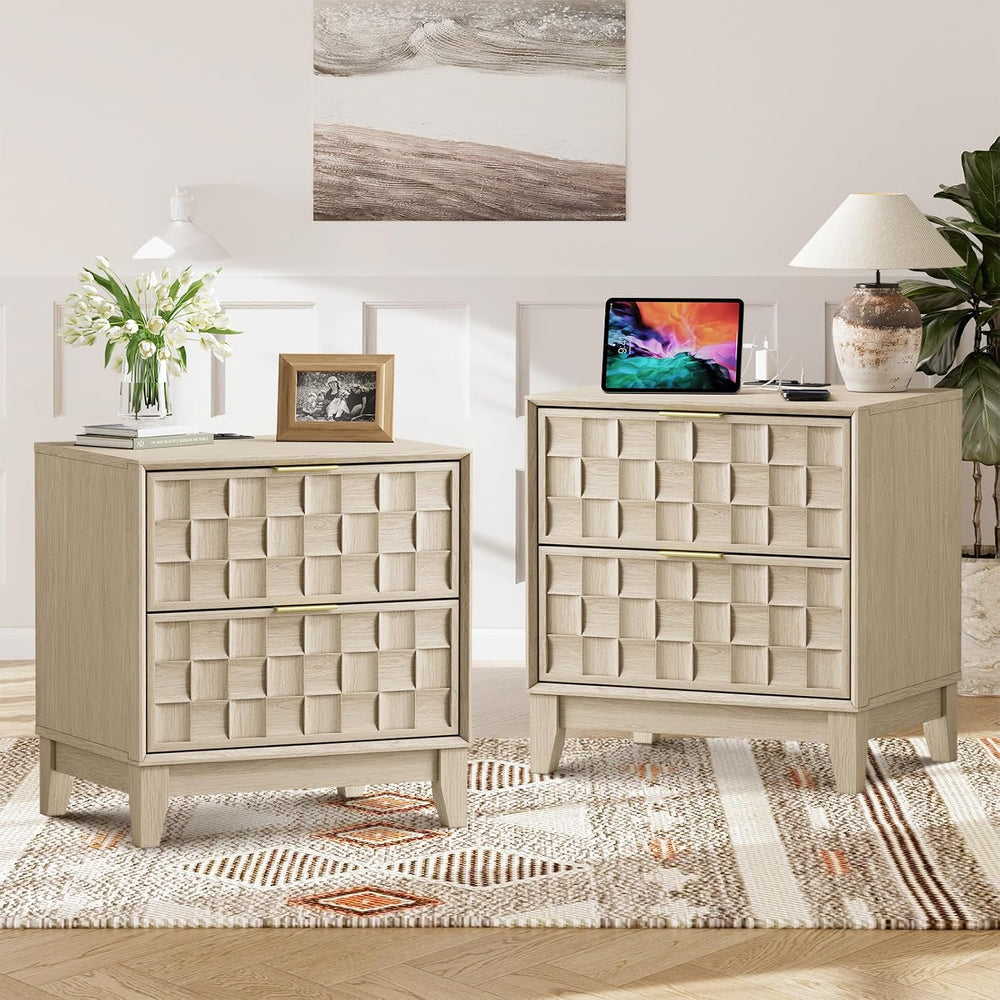 COLAMY Night Stand Bedside Table with Charging Station Set of 2, Modern Woode...
