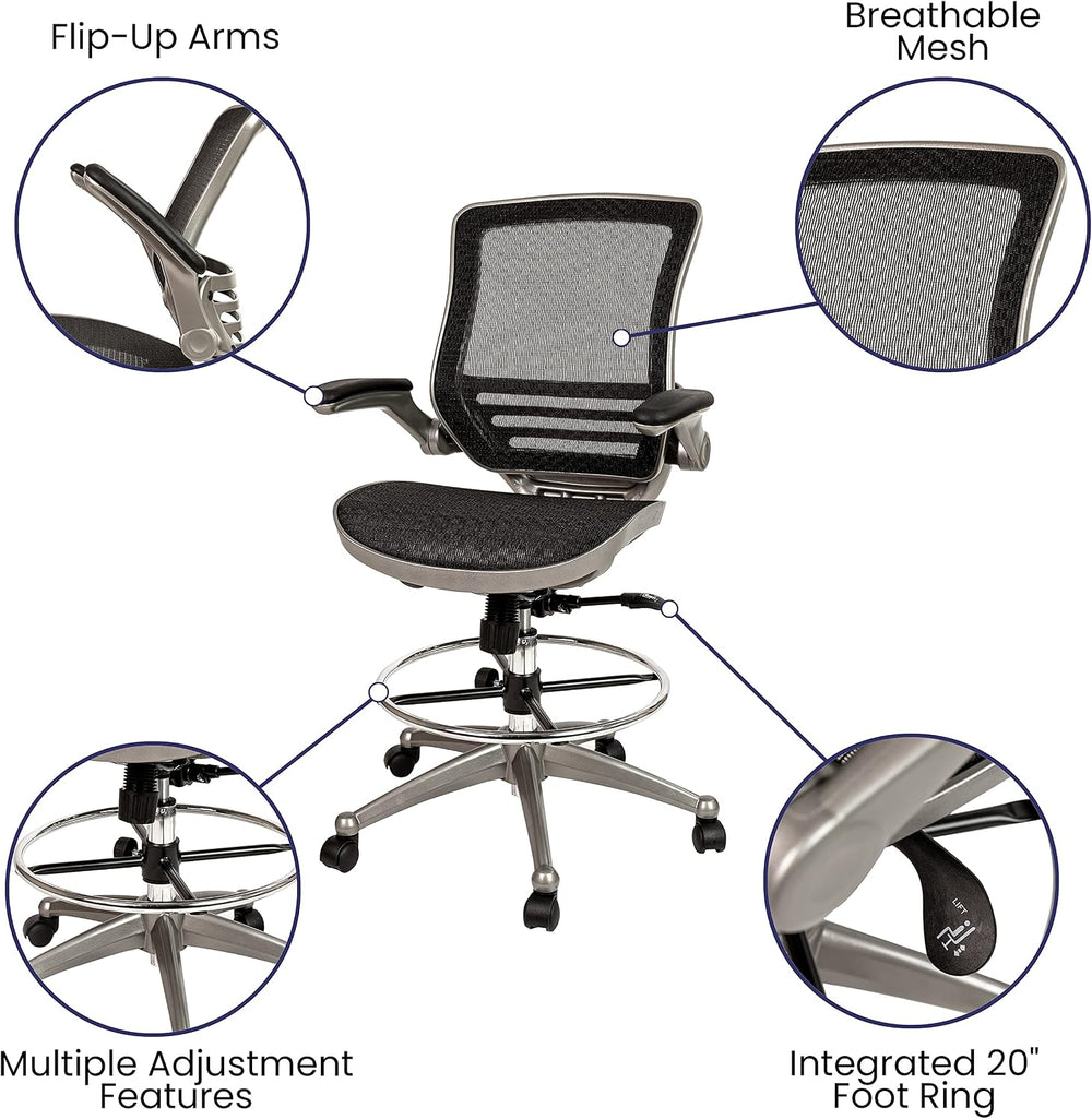 Flash Furniture Mesh Drafting Chair, Black/Graphite Silver