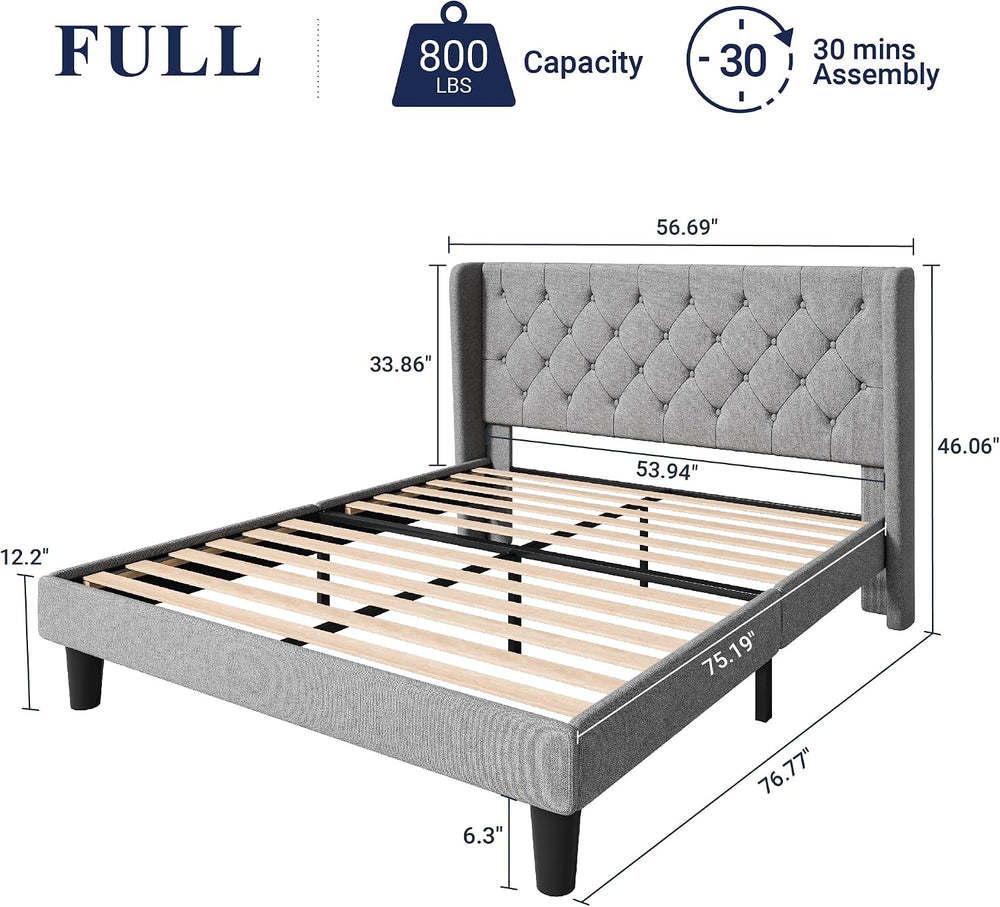 Allewie Full Bed Frame with Button Tufted Wingback Headboard, Light Grey