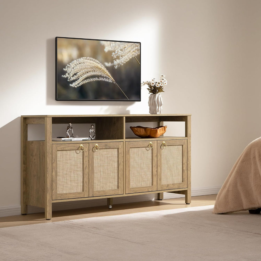 SICOTAS Rattan TV Stand Entertainment Center Storage Cabinet with 4 Doors