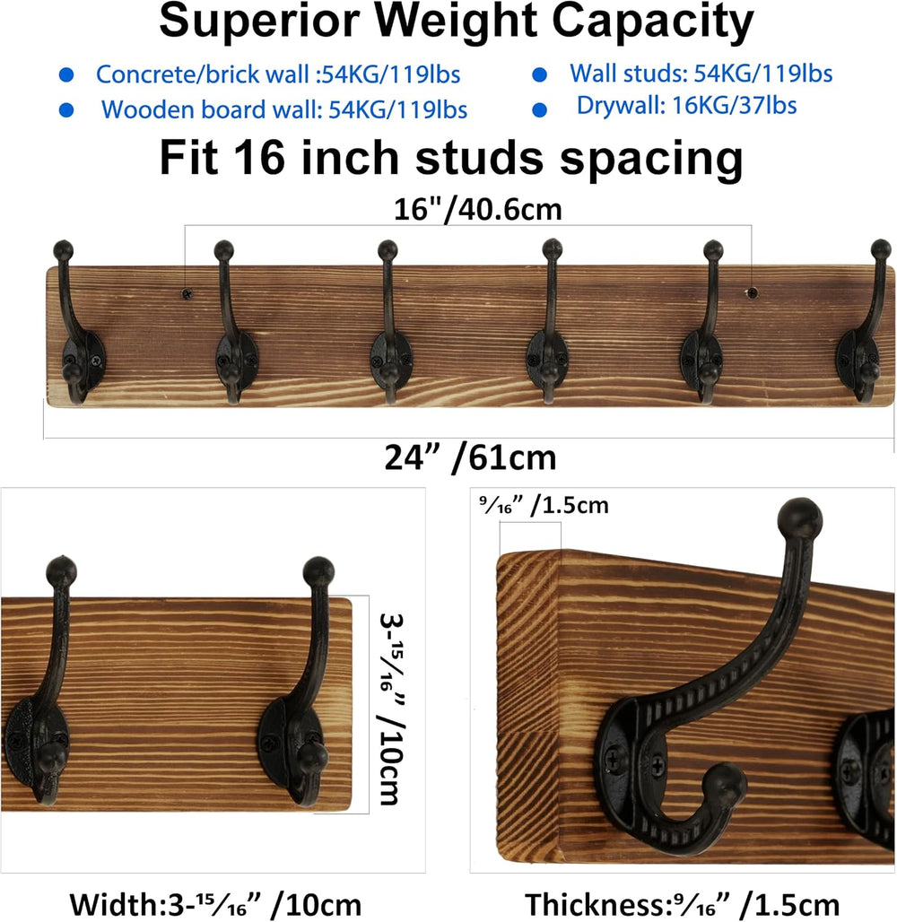 WEBI Rustic Coat Rack Wall Mount,24" Long 6 Cast Iron Coat Hooks Wall Mo...