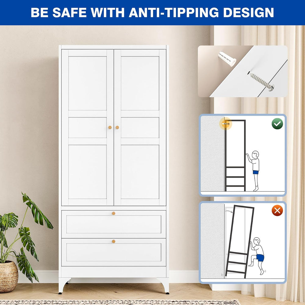 BYNSOE 71" Tall Metal Wardrobe Closet with 2 Drawers, Steel Armoire Cabi...