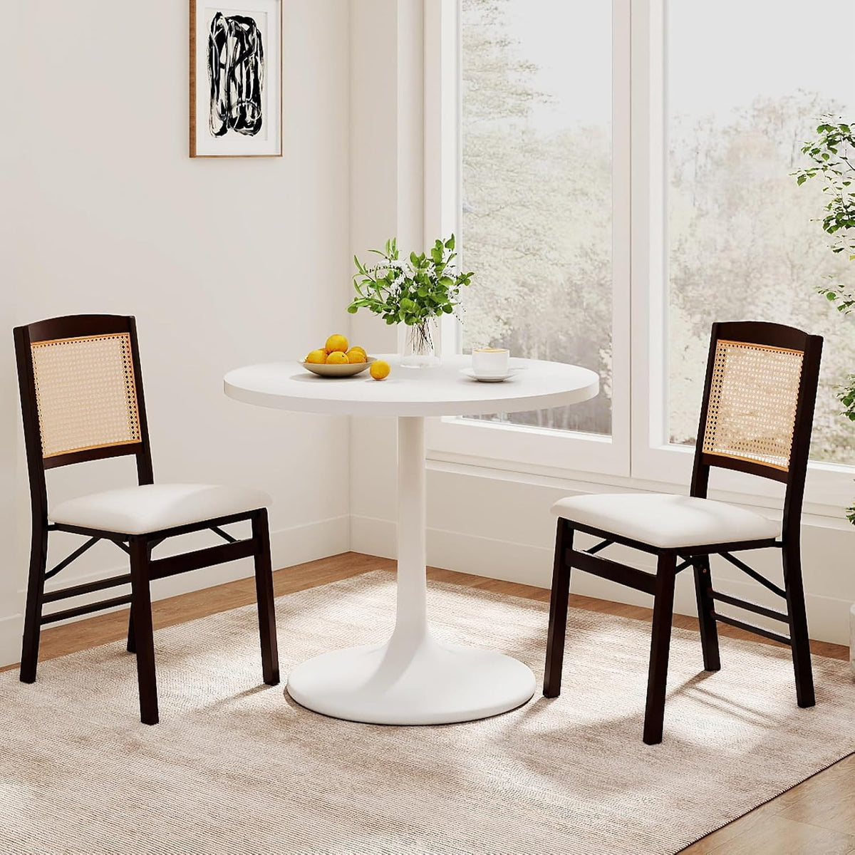 KOTEK Folding Dining Chairs Set of 4, Wooden Kitchen Chairs with Padded Seat & Rattan Backrest, Foldable Armless Side Chairs for Dining Room, Living Room (Espresso & Beige)