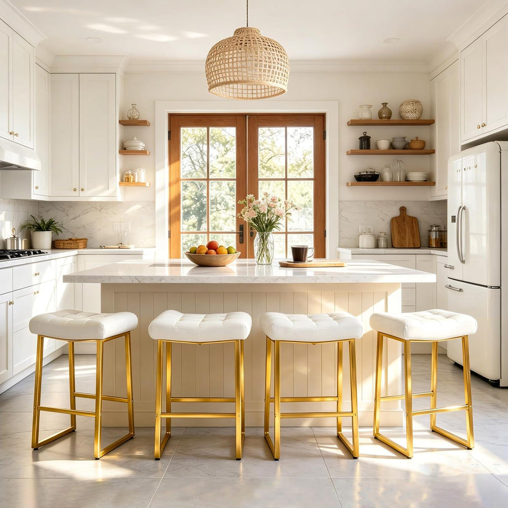 RNKSFX White & Gold Counter Height Bar Stools Set of 3 for Kitchen Counte...