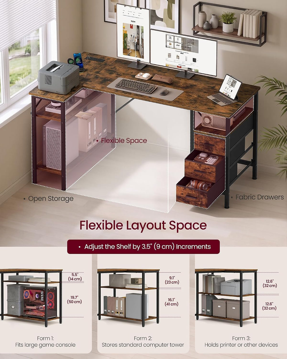 VASAGLE L Shaped Computer Desk with Drawers, Large Gaming Desk with Shelves