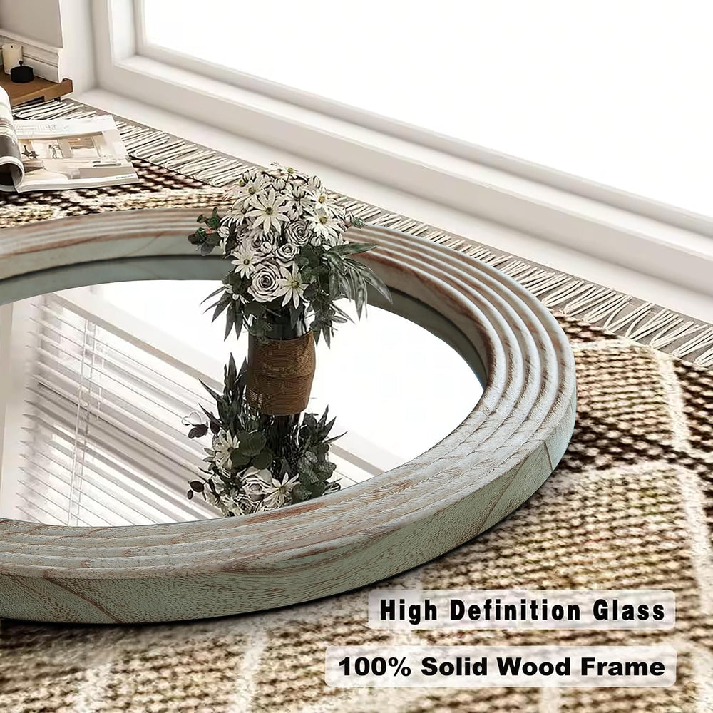 LOSOUR Round Mirror, Farmhouse Decor Solid Wood Frame Wall Circle Mirror, Dec...