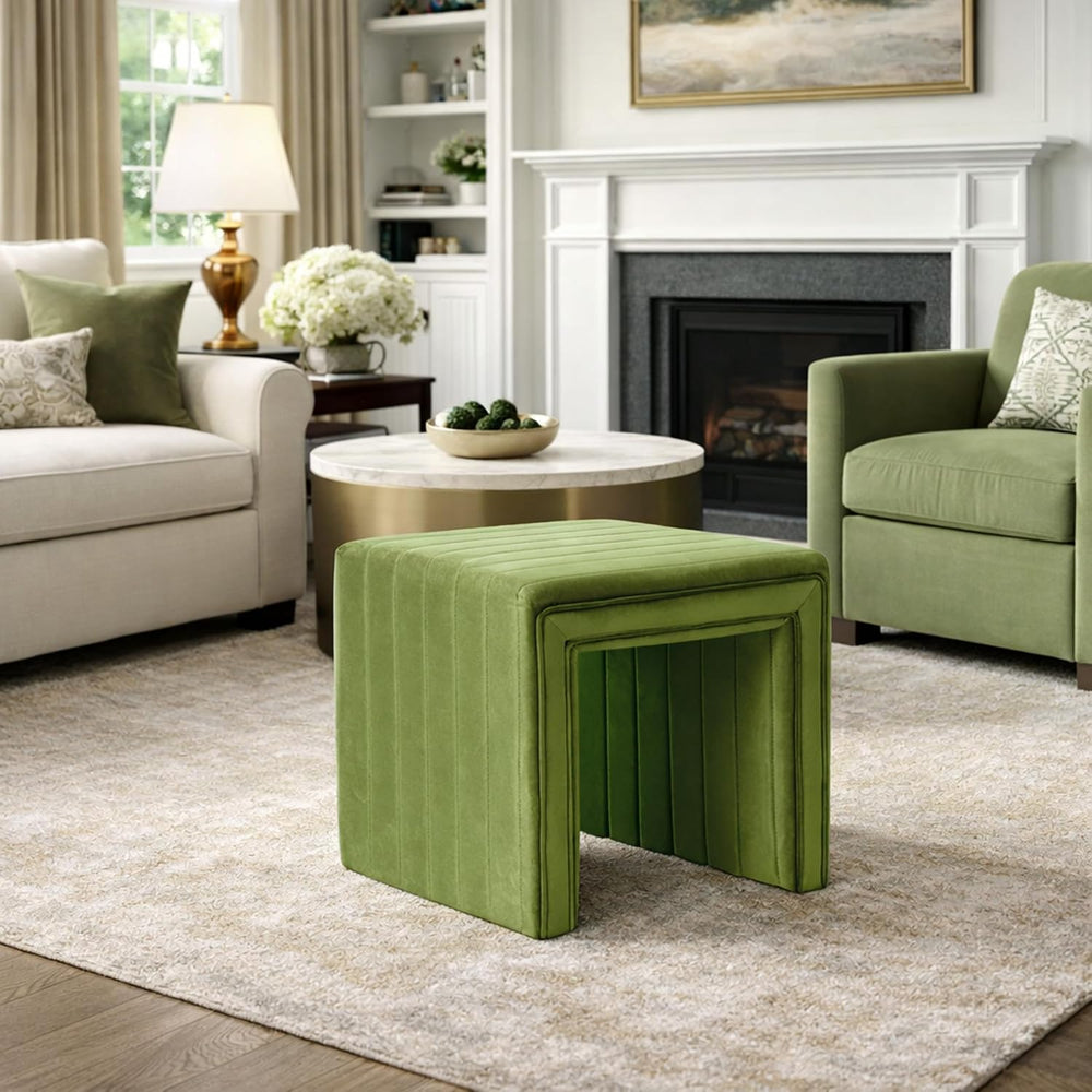 Spatial Order 19" Modern Channel Tufted Velvet Ottoman - Green