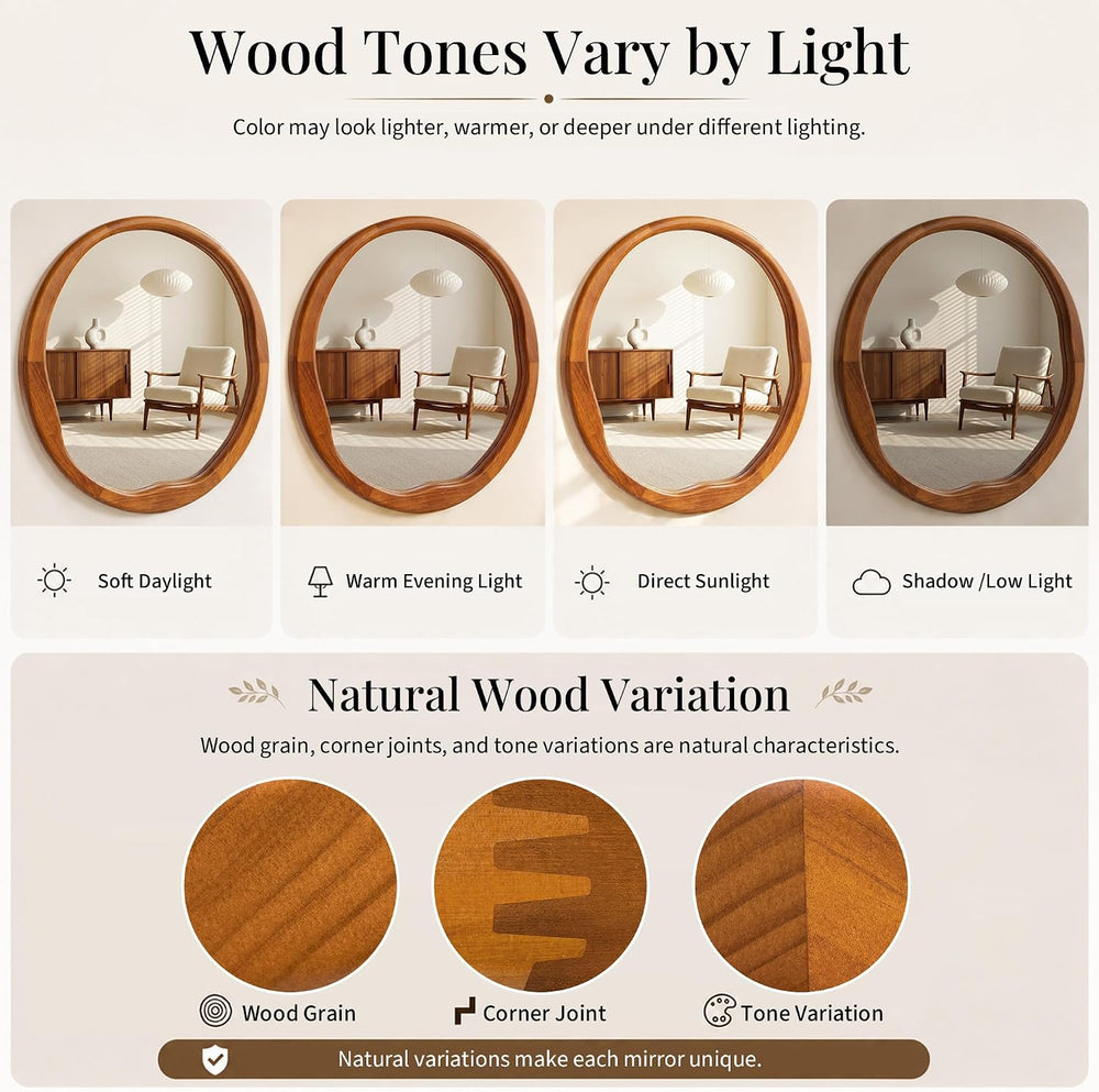 Warm Walnut 24 Inch Round Wood Wall Mirror, Asymmetrical Inner Edge