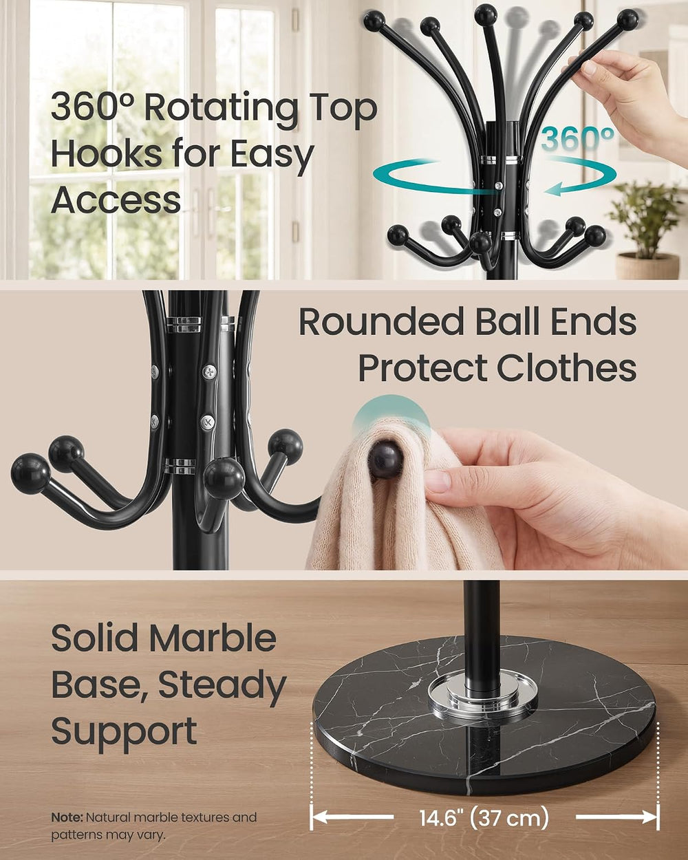 SONGMICS Freestanding Coat Rack, Marble Base, 18 Hooks, Umbrella Holder