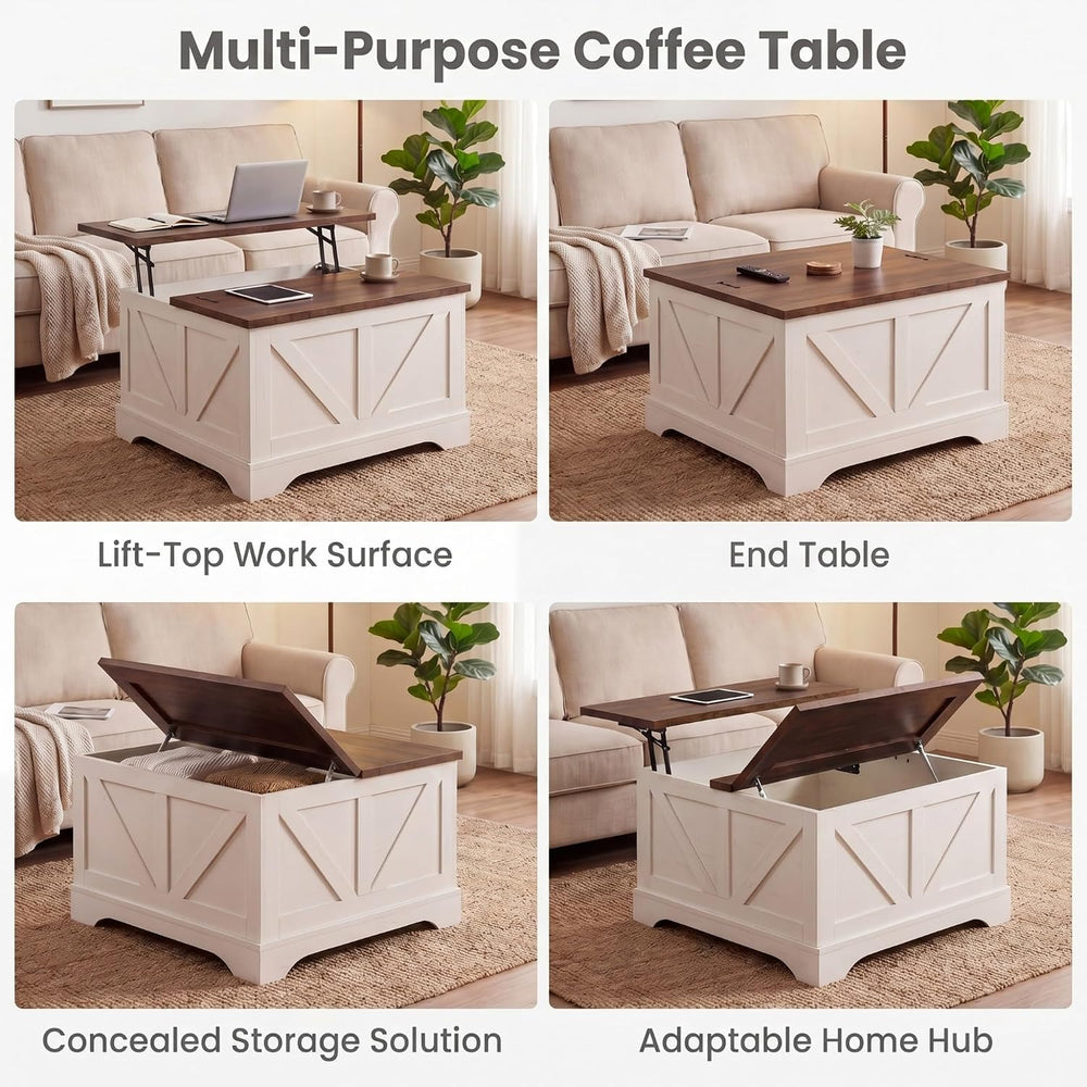 Tangkula Farmhouse Lift Top Coffee Table with Storage, Rustic Brown + White