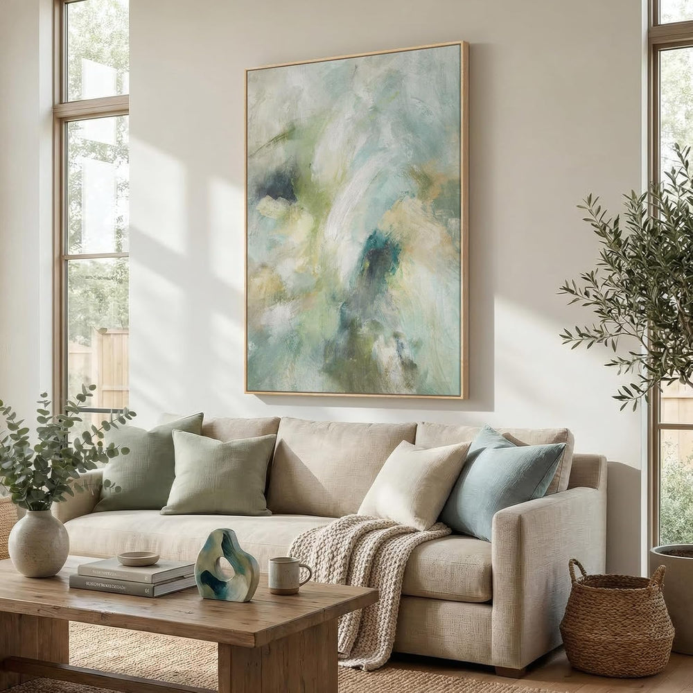Extra Large Framed Teal Sage Green Abstract Wall Art, Vertical 40x60 In