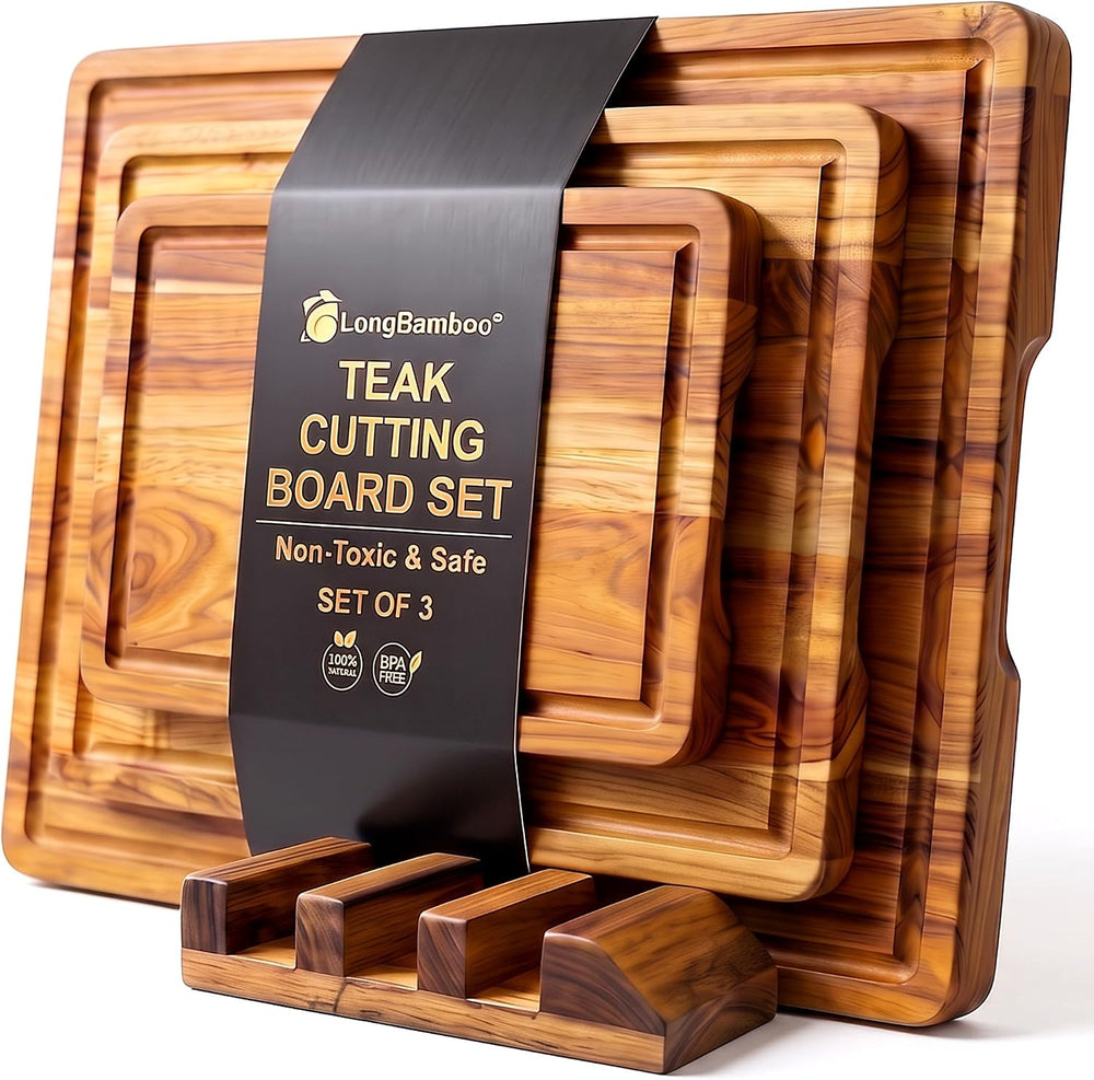 Teak Wood Cutting Boards for Kitchen, Cutting Board Set of 3 with Stand