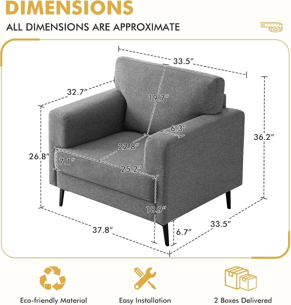 CDCASA Oversized Accent Chair, Linen Mid Century Chair 2PC, Dark Grey