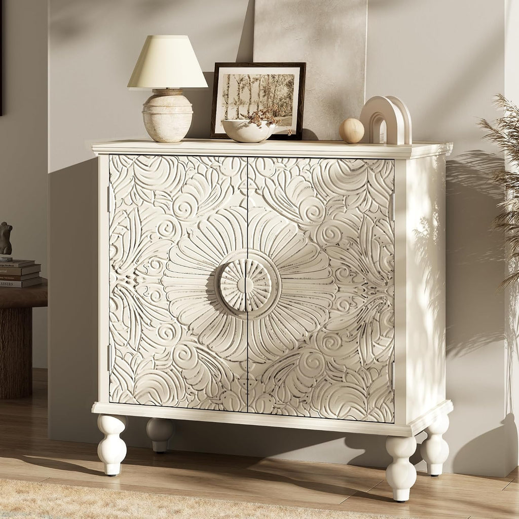 Solid Wood Buffet Cabinet, Accent Cabinet, 2 Carved Doors, Beige