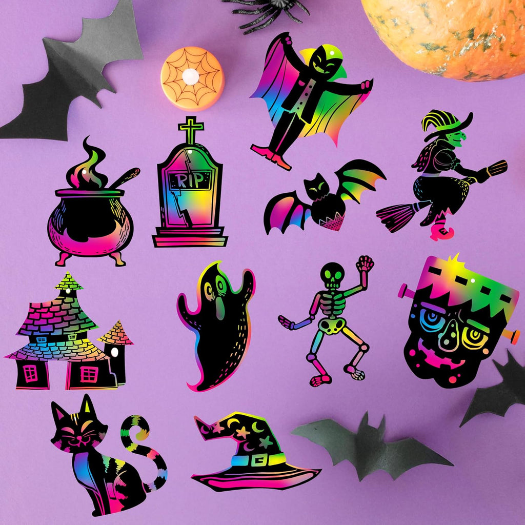 JOYIN 120 Pcs Halloween Rainbow Scratch Art Crafts for Kid, Halloween Party Favors, Scratch Off Paper with 18 Designs for Party Supplies, Classroom Activities Game Goodies Gifts