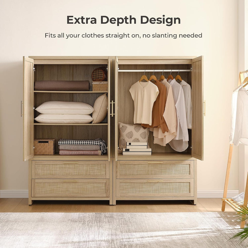 SICOTAS 71 inch Wardrobe Closet, Boho Rattan Armoire Wardrobe with Drawers