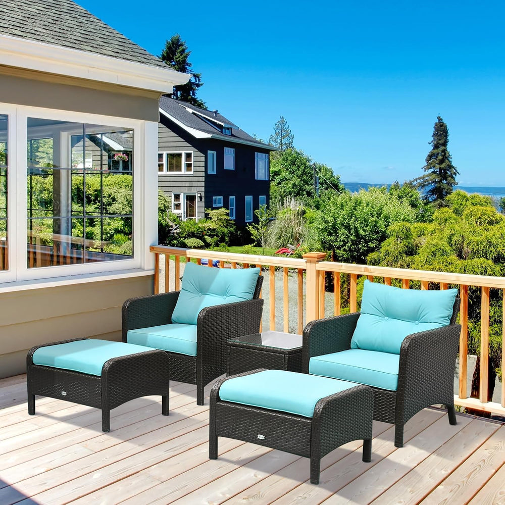 Outsunny 5 Pieces Rattan Wicker Lounge Chair 2 Ottomans Brown/Blue