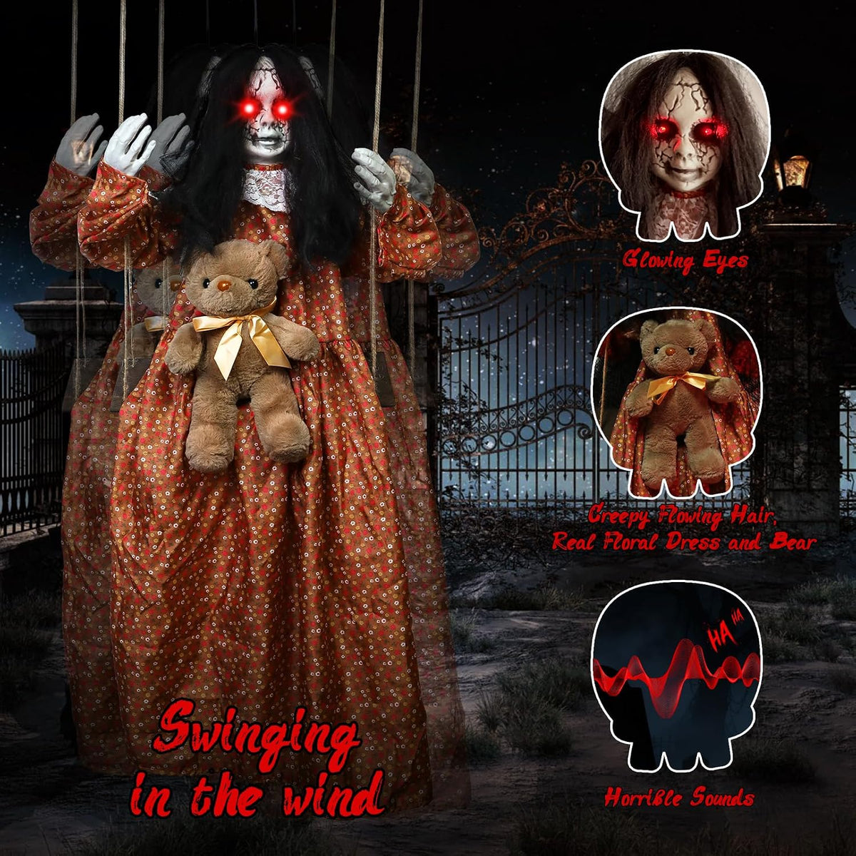 Scary Halloween Decorations Outdoor, Halloween Hanging Swinging Girl Ghots Decor with Creepy Sound and Light Up Eyes Sound, Creepy Props for Yard Trees Graveyard Haunted House Indoor Outside